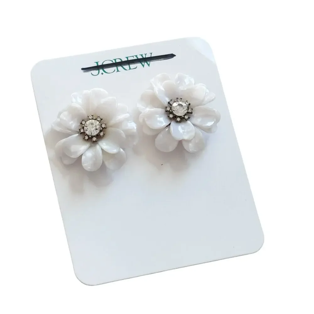 J.Crew Full Bloom Flower Earrings Oversized White Resin Statement Studs Pave NWT